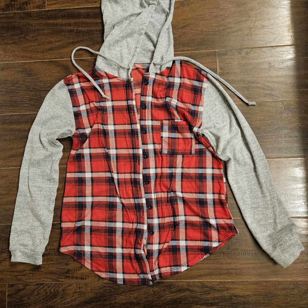 Plaid Red and Gray Hoodie Shirt